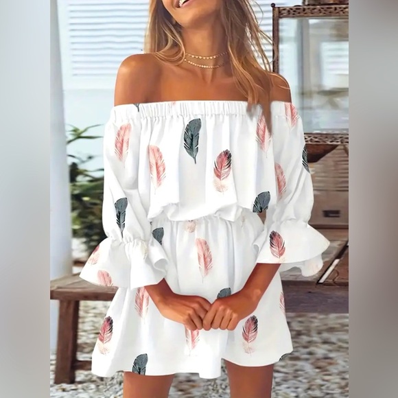 NWT-Boho Leaf Graphic Print Off Shoulder Dress - Picture 1 of 3